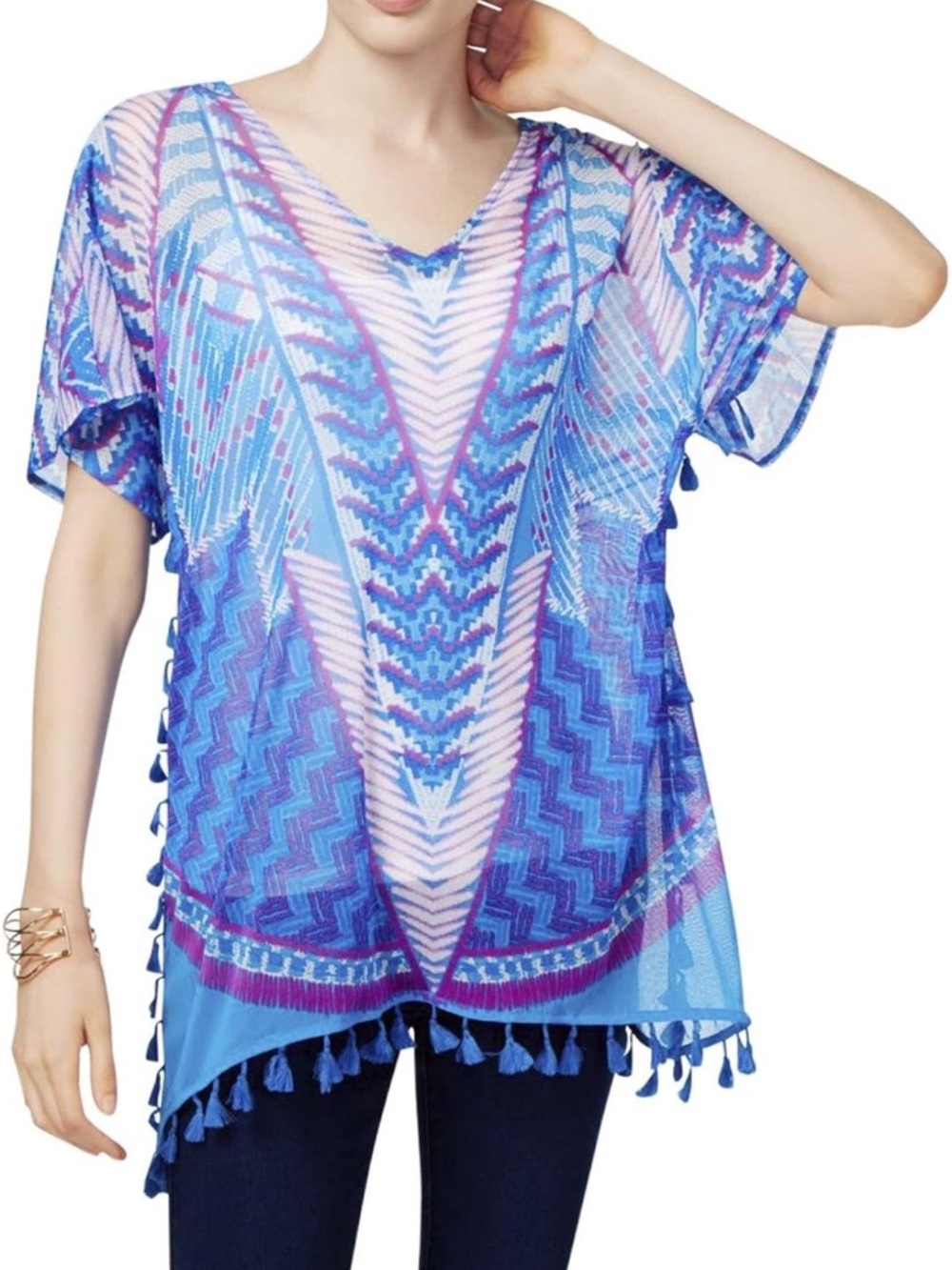 Inc International Concepts Top Popsicle Tassel-Trim Tunic Blue/Multi Small